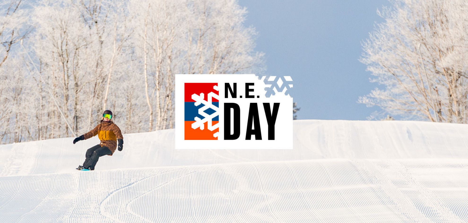 Women on snowboard carving a turn; N.E. Day logo graphic over image