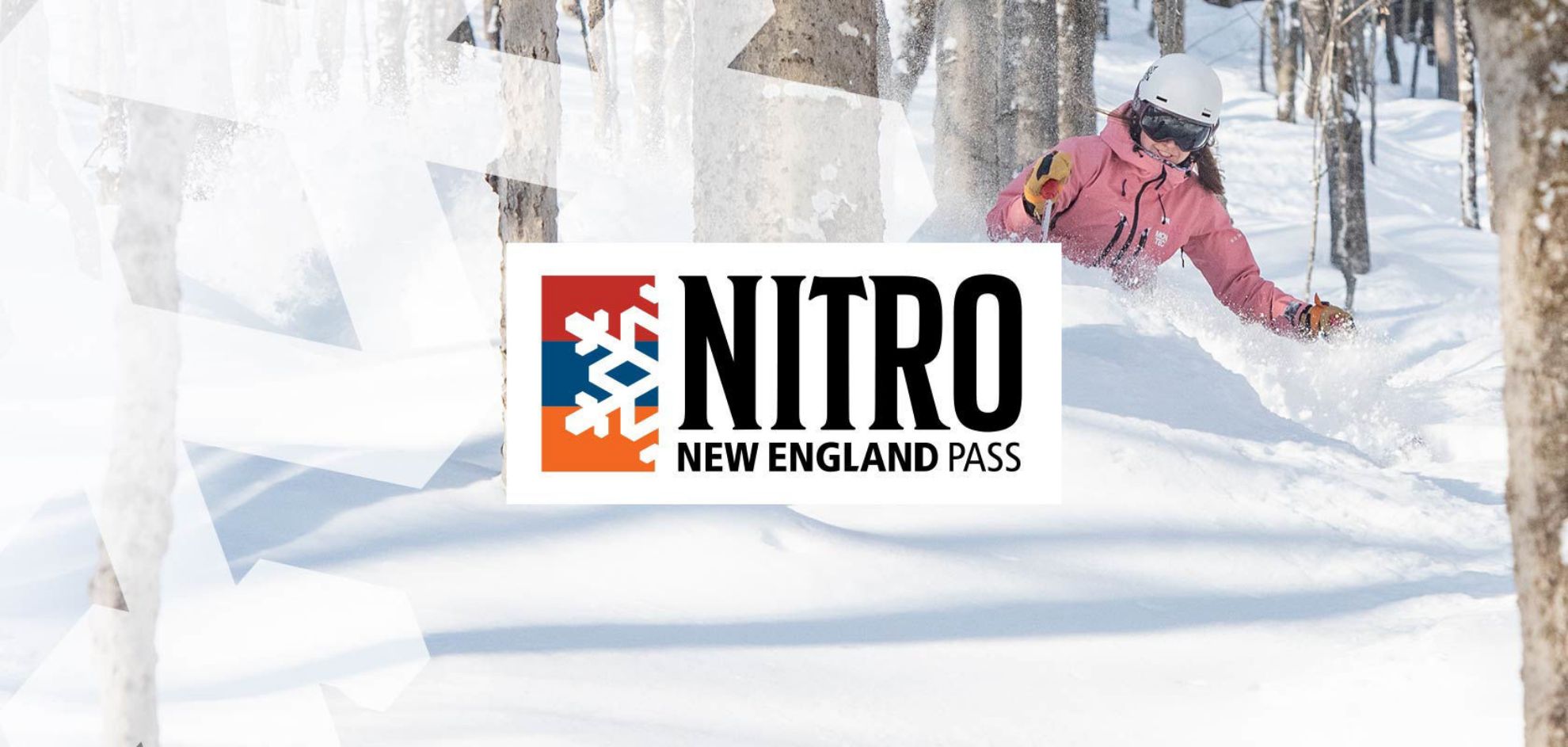 Skier in deep powder; New England Pass graphic logo over image