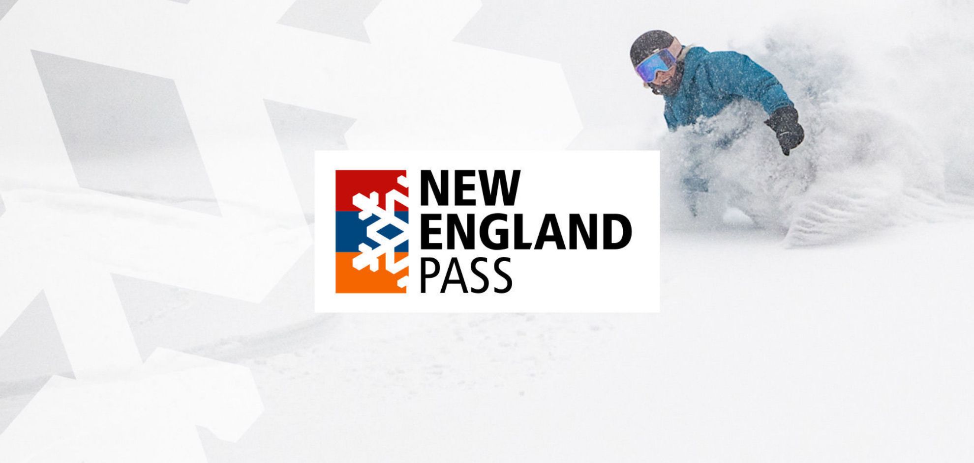Snowboarder in powder; New England Pass graphic logo over image