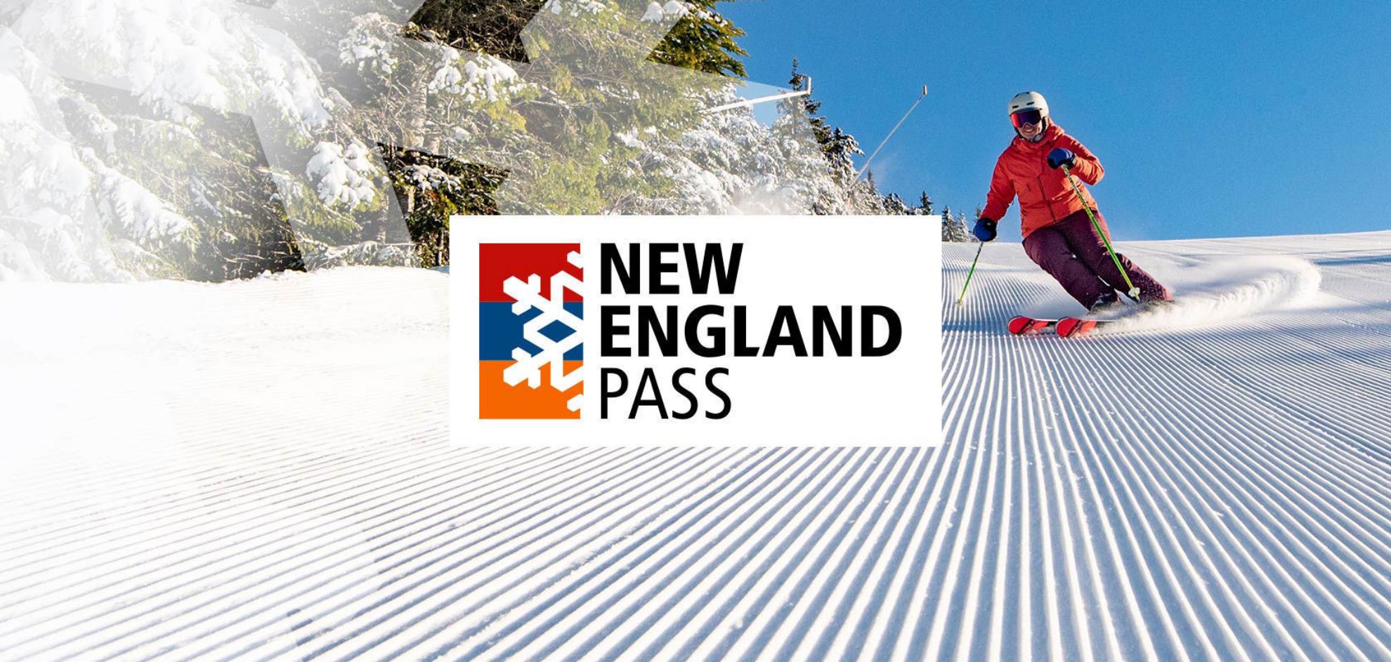 Skier on corduroy; New England Pass graphic logo over image