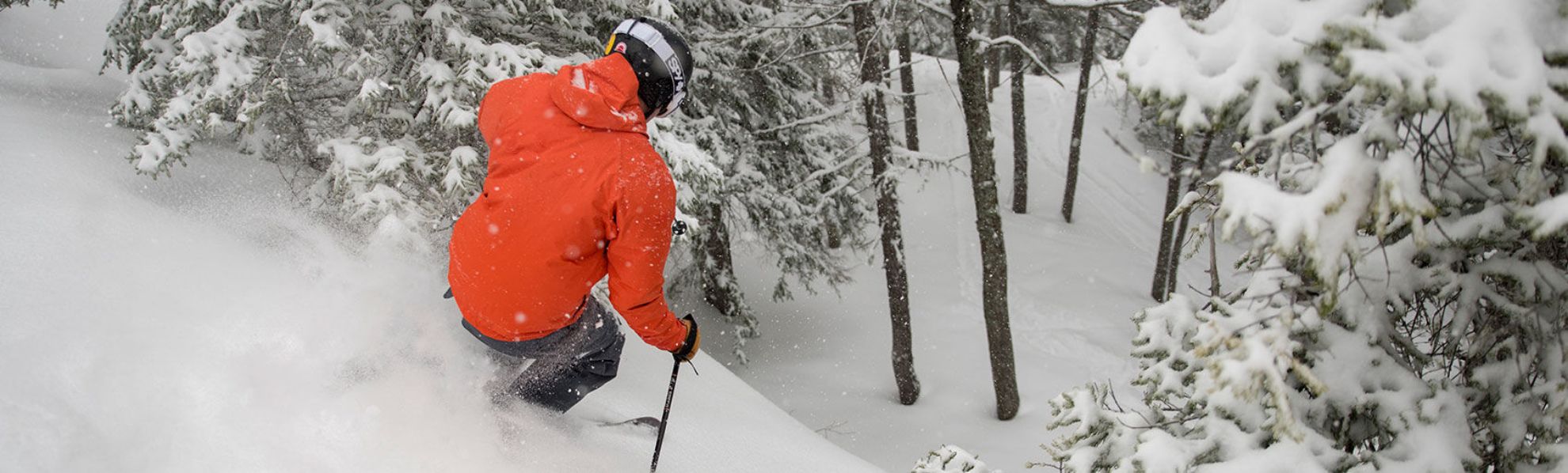 Skier on powder day in the glades at Sunday River